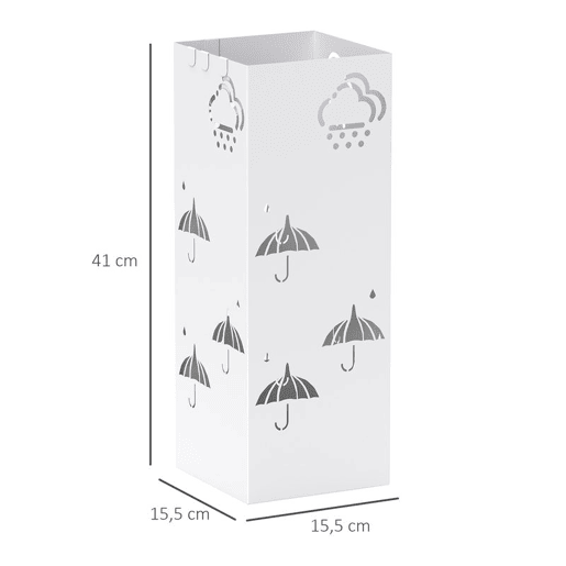 HOMCOM Suporte para Guarda Chuva de Aço Suporte para Guarda Chuva com 4 Ganchos e Bandeja de Gotejamento Amovível Suporte para Guarda Chuva Branco para Entrada Escritório 15,5x15,5x41 cm
