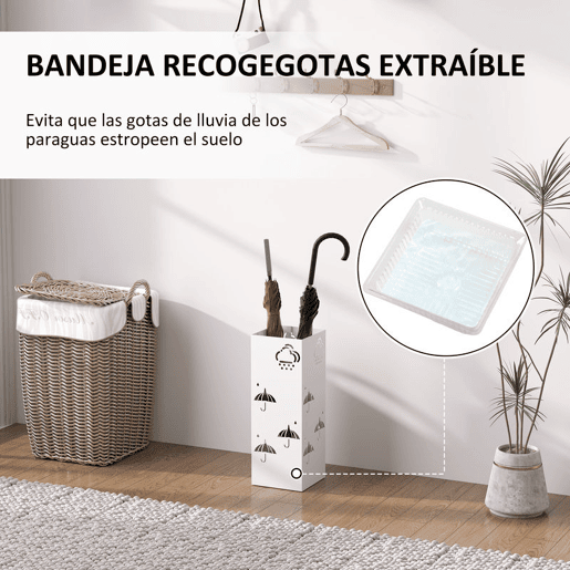 HOMCOM Suporte para Guarda Chuva de Aço Suporte para Guarda Chuva com 4 Ganchos e Bandeja de Gotejamento Amovível Suporte para Guarda Chuva Branco para Entrada Escritório 15,5x15,5x41 cm