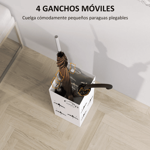 HOMCOM Suporte para Guarda Chuva de Aço Suporte para Guarda Chuva com 4 Ganchos e Bandeja de Gotejamento Amovível Suporte para Guarda Chuva Branco para Entrada Escritório 15,5x15,5x41 cm