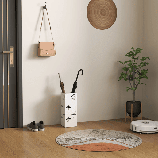HOMCOM Suporte para Guarda Chuva de Aço Suporte para Guarda Chuva com 4 Ganchos e Bandeja de Gotejamento Amovível Suporte para Guarda Chuva Branco para Entrada Escritório 15,5x15,5x41 cm
