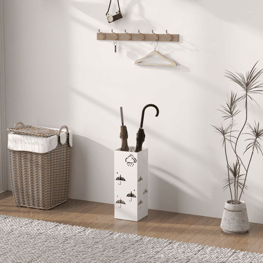 HOMCOM Suporte para Guarda Chuva de Aço Suporte para Guarda Chuva com 4 Ganchos e Bandeja de Gotejamento Amovível Suporte para Guarda Chuva Branco para Entrada Escritório 15,5x15,5x41 cm