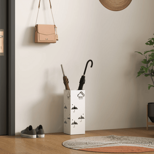 HOMCOM Suporte para Guarda Chuva de Aço Suporte para Guarda Chuva com 4 Ganchos e Bandeja de Gotejamento Amovível Suporte para Guarda Chuva Branco para Entrada Escritório 15,5x15,5x41 cm