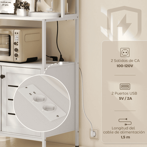 HOMCOM Armário de Cozinha com Tomada de Corrente Suporte para Micro-Ondas Estante de Cozinha com 2 Portas 2 Entradas USB e Compartimentos para Sala de Jantar Sala 80x42x171 cm Branco