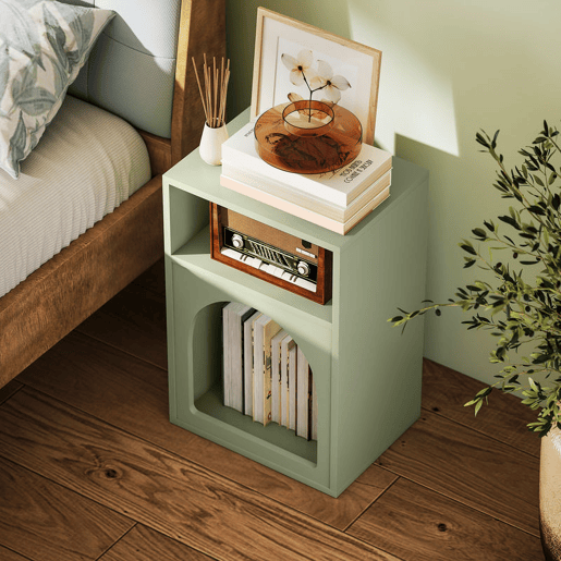 HOMCOM Mesa de Cabeceira Moderna Mesa de Cabeceira Estreita com 2 Compartimentos Abertos Desenho em Forma de Arco Mesa Auxiliar para Sala de Estar Quarto 40x30x60 cm Verde