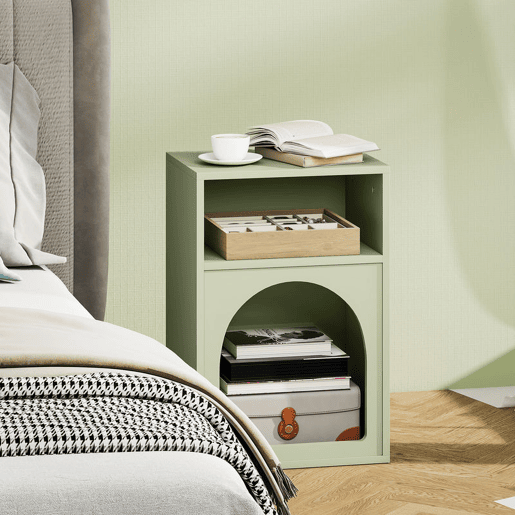 HOMCOM Mesa de Cabeceira Moderna Mesa de Cabeceira Estreita com 2 Compartimentos Abertos Desenho em Forma de Arco Mesa Auxiliar para Sala de Estar Quarto 40x30x60 cm Verde