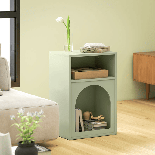 HOMCOM Mesa de Cabeceira Moderna Mesa de Cabeceira Estreita com 2 Compartimentos Abertos Desenho em Forma de Arco Mesa Auxiliar para Sala de Estar Quarto 40x30x60 cm Verde