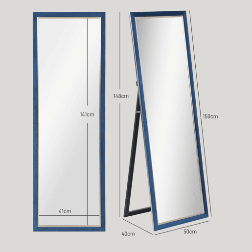 HOMCOM Espelho de Pé 50x150 cm Espelho de Corpo Inteiro com Estrutura em Veludo e Suporte para Sala de Estar Dormitório Azul