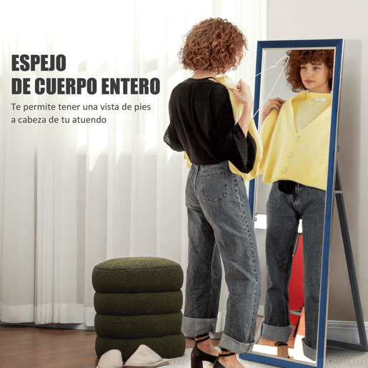 HOMCOM Espelho de Pé 50x150 cm Espelho de Corpo Inteiro com Estrutura em Veludo e Suporte para Sala de Estar Dormitório Azul