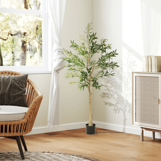 HOMCOM Oliveira Artificial 150 cm Planta Artificial Decorativa Grande Árvore Artificial de Interior com 32 Azeitonas Decoração para Lar Escritório Varanda Quarto Verde