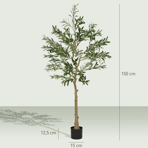 HOMCOM Oliveira Artificial 150 cm Planta Artificial Decorativa Grande Árvore Artificial de Interior com 32 Azeitonas Decoração para Lar Escritório Varanda Quarto Verde