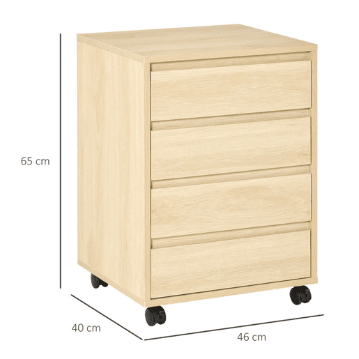 HOMCOM Bloco de Gavetas de Escritório com 4 Gavetas Bloco de Gavetas para Secretária com Rodas Arquivador Móvel para Estudo 46x40x65 cm Madeira