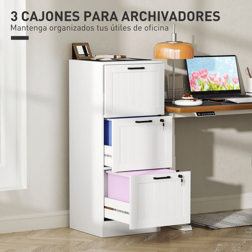 HOMCOM Arquivador para Escritório Móvel Arquivador com 3 Gavetas para Escritório com Fechaduras Gavetas Suspensas para A4 40x40x101 cm Branco