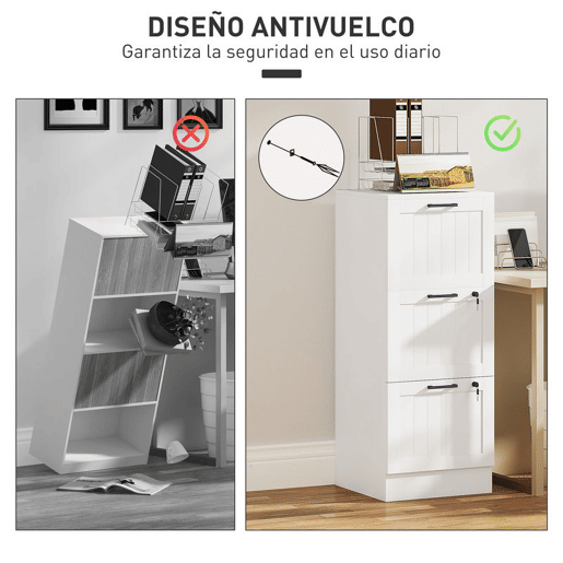 HOMCOM Arquivador para Escritório Móvel Arquivador com 3 Gavetas para Escritório com Fechaduras Gavetas Suspensas para A4 40x40x101 cm Branco