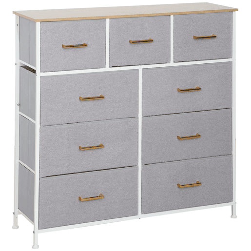 HOMCOM Cómoda com 9 Gavetas Estofada em Borreguito Cómoda de Tela com Estrutura de Aço Cómoda para Dormitório Corredor 100x30x99 cm Cinzento