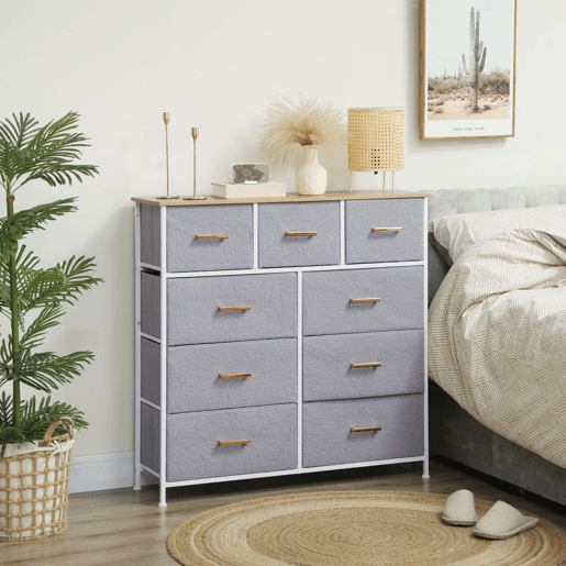 HOMCOM Cómoda com 9 Gavetas Estofada em Borreguito Cómoda de Tela com Estrutura de Aço Cómoda para Dormitório Corredor 100x30x99 cm Cinzento