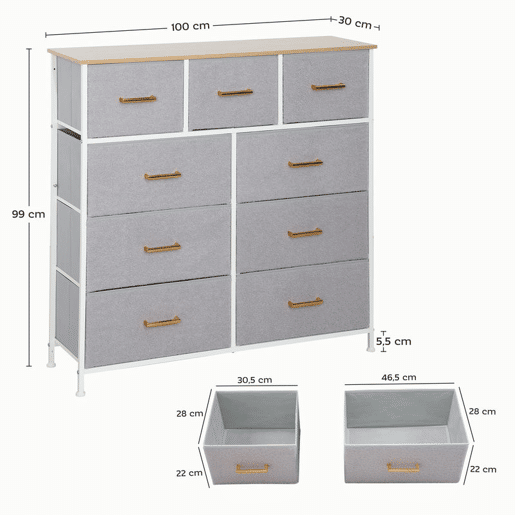 HOMCOM Cómoda com 9 Gavetas Estofada em Borreguito Cómoda de Tela com Estrutura de Aço Cómoda para Dormitório Corredor 100x30x99 cm Cinzento