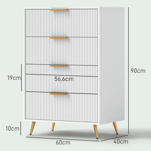 HOMCOM Cómoda com 4 Gavetas Cómoda de Dormitório Moderna com Desenho Ondulado Anti-Tombo Cómoda para Sala de Estar Corredor 60x40x90 cm Branco