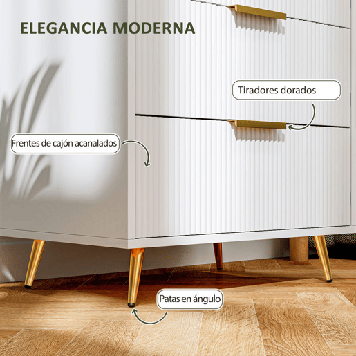 HOMCOM Cómoda com 4 Gavetas Cómoda de Dormitório Moderna com Desenho Ondulado Anti-Tombo Cómoda para Sala de Estar Corredor 60x40x90 cm Branco