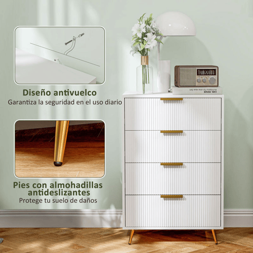 HOMCOM Cómoda com 4 Gavetas Cómoda de Dormitório Moderna com Desenho Ondulado Anti-Tombo Cómoda para Sala de Estar Corredor 60x40x90 cm Branco