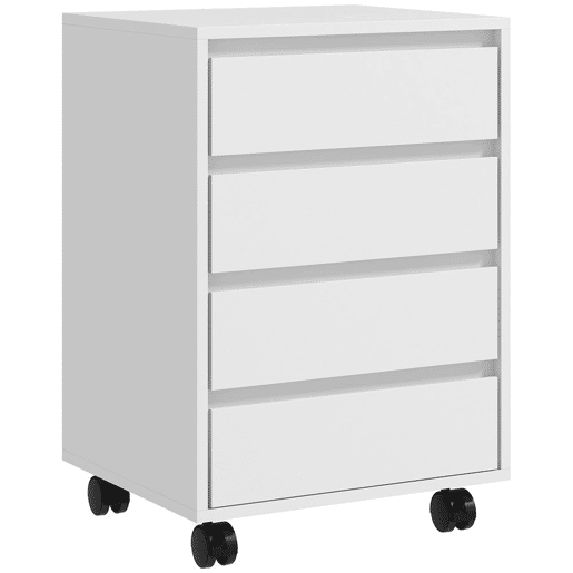 HOMCOM Bloco de Gavetas de Escritório com 4 Gavetas Bloco de Gavetas para Secretária com Rodas Arquivador Móvel para Estudo 46x40x65 cm Branco