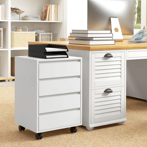 HOMCOM Bloco de Gavetas de Escritório com 4 Gavetas Bloco de Gavetas para Secretária com Rodas Arquivador Móvel para Estudo 46x40x65 cm Branco