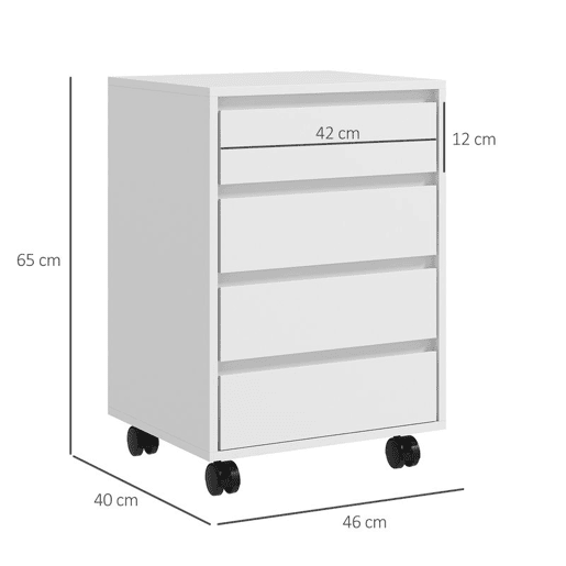HOMCOM Bloco de Gavetas de Escritório com 4 Gavetas Bloco de Gavetas para Secretária com Rodas Arquivador Móvel para Estudo 46x40x65 cm Branco