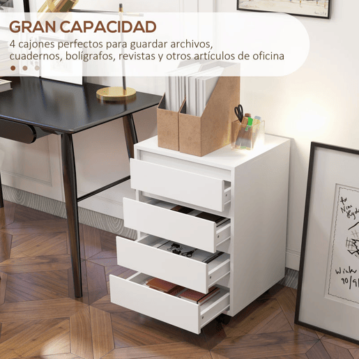 HOMCOM Bloco de Gavetas de Escritório com 4 Gavetas Bloco de Gavetas para Secretária com Rodas Arquivador Móvel para Estudo 46x40x65 cm Branco