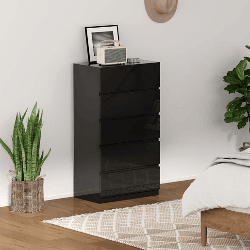 HOMCOM Cómoda com 5 Gavetas de Madeira Cómoda de Dormitório Cómoda Preta para Sala de Estar Estilo Moderno 55x34x100 cm Preto