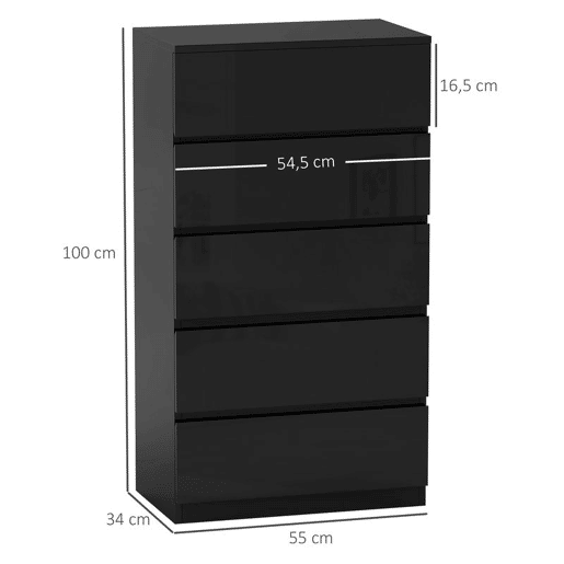 HOMCOM Cómoda com 5 Gavetas de Madeira Cómoda de Dormitório Cómoda Preta para Sala de Estar Estilo Moderno 55x34x100 cm Preto