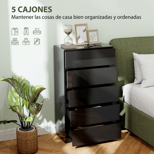 HOMCOM Cómoda com 5 Gavetas de Madeira Cómoda de Dormitório Cómoda Preta para Sala de Estar Estilo Moderno 55x34x100 cm Preto