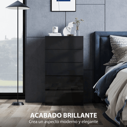 HOMCOM Cómoda com 5 Gavetas de Madeira Cómoda de Dormitório Cómoda Preta para Sala de Estar Estilo Moderno 55x34x100 cm Preto