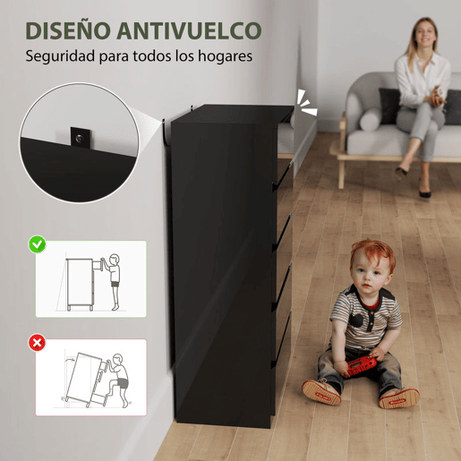 HOMCOM Cómoda com 5 Gavetas de Madeira Cómoda de Dormitório Cómoda Preta para Sala de Estar Estilo Moderno 55x34x100 cm Preto