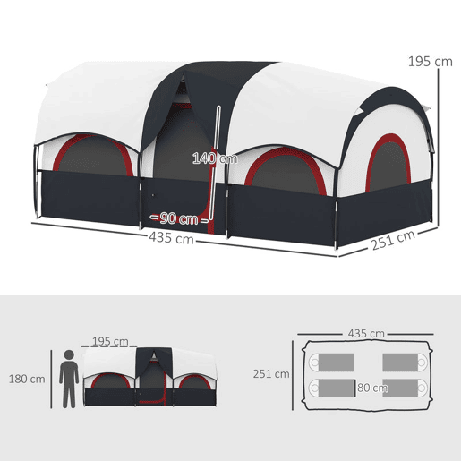 Outsunny Tenda de Campismo Familiar Tipo Túnel Tenda para 4-6 Pessoas Impermeável 3.000 mm Tenda de Campismo Dobrável com 2 Quartos e Saco de Transporte 435x251x195 cm Cinzento Escuro