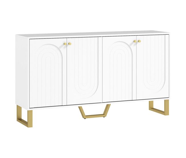 Homcom aparador 4 puertas aparador para salón moderno con estantes ajustables y patas doradas para comedor entrada mueble para tv hasta 65 pulgadas blanco 140,8x35x77,5 cm