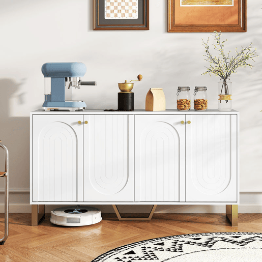 HOMCOM Aparador de 4 Portas Aparador Moderno para Sala de Estar com Prateleiras Ajustáveis e Pés Dourados para Sala de Jantar Entrada Móvel para TV até 65 Polegadas 140,8x35x77,5 cm Branco