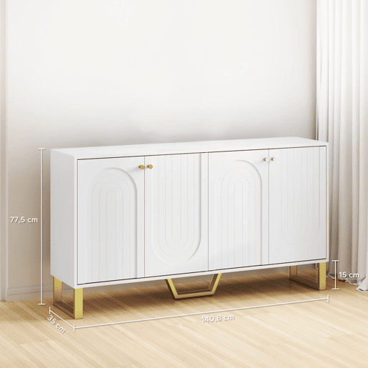 HOMCOM Aparador de 4 Portas Aparador Moderno para Sala de Estar com Prateleiras Ajustáveis e Pés Dourados para Sala de Jantar Entrada Móvel para TV até 65 Polegadas 140,8x35x77,5 cm Branco