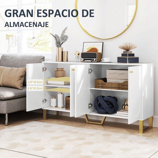 HOMCOM Aparador de 4 Portas Aparador Moderno para Sala de Estar com Prateleiras Ajustáveis e Pés Dourados para Sala de Jantar Entrada Móvel para TV até 65 Polegadas 140,8x35x77,5 cm Branco