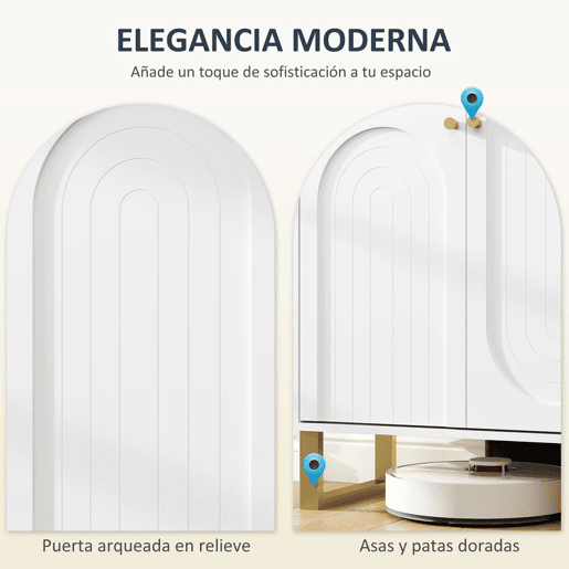 HOMCOM Aparador de 4 Portas Aparador Moderno para Sala de Estar com Prateleiras Ajustáveis e Pés Dourados para Sala de Jantar Entrada Móvel para TV até 65 Polegadas 140,8x35x77,5 cm Branco