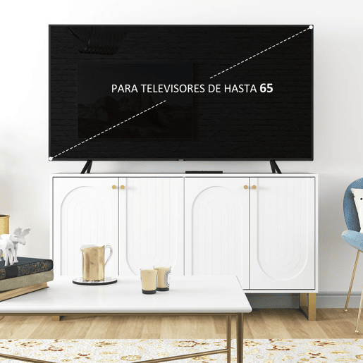 HOMCOM Aparador de 4 Portas Aparador Moderno para Sala de Estar com Prateleiras Ajustáveis e Pés Dourados para Sala de Jantar Entrada Móvel para TV até 65 Polegadas 140,8x35x77,5 cm Branco