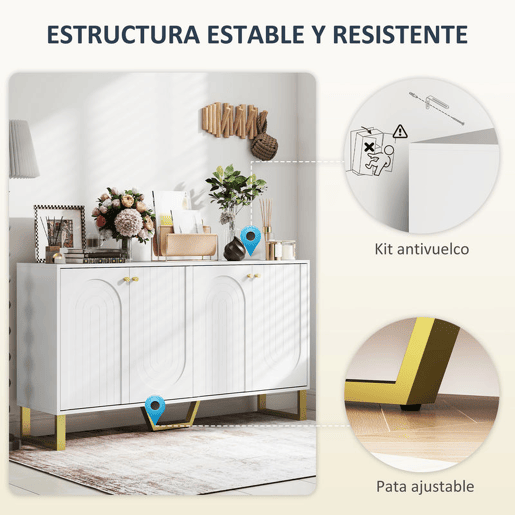 HOMCOM Aparador de 4 Portas Aparador Moderno para Sala de Estar com Prateleiras Ajustáveis e Pés Dourados para Sala de Jantar Entrada Móvel para TV até 65 Polegadas 140,8x35x77,5 cm Branco