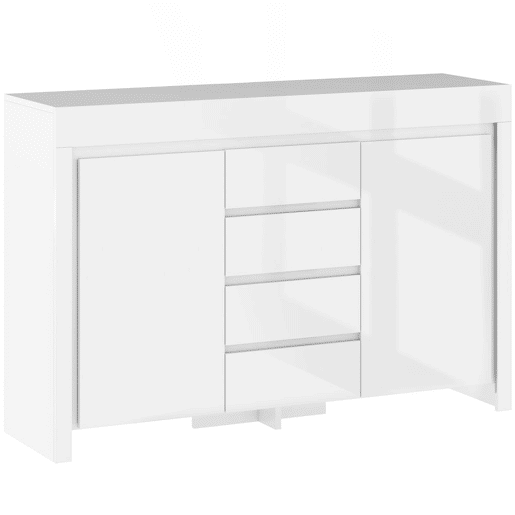 HOMCOM Aparador Sala de Estar Aparador com Luzes LED com 4 Gavetas Fechamento Suave Prateleiras Ajustáveis e Controlo Remoto Móvel Aparador Dormitório 120x34x80 cm Branco Brilhante