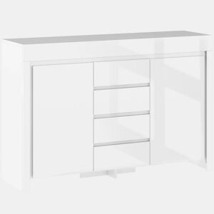 HOMCOM Aparador Sala de Estar Aparador com Luzes LED com 4 Gavetas Fechamento Suave Prateleiras Ajustáveis e Controlo Remoto Móvel Aparador Dormitório 120x34x80 cm Branco Brilhante