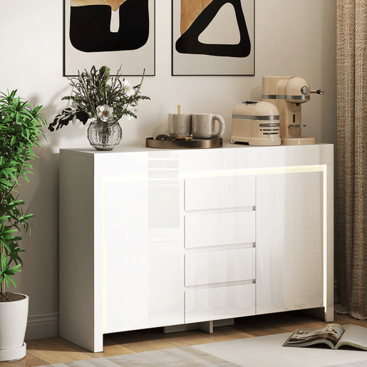 HOMCOM Aparador Sala de Estar Aparador com Luzes LED com 4 Gavetas Fechamento Suave Prateleiras Ajustáveis e Controlo Remoto Móvel Aparador Dormitório 120x34x80 cm Branco Brilhante