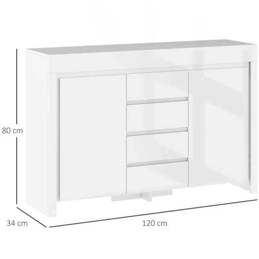 HOMCOM Aparador Sala de Estar Aparador com Luzes LED com 4 Gavetas Fechamento Suave Prateleiras Ajustáveis e Controlo Remoto Móvel Aparador Dormitório 120x34x80 cm Branco Brilhante