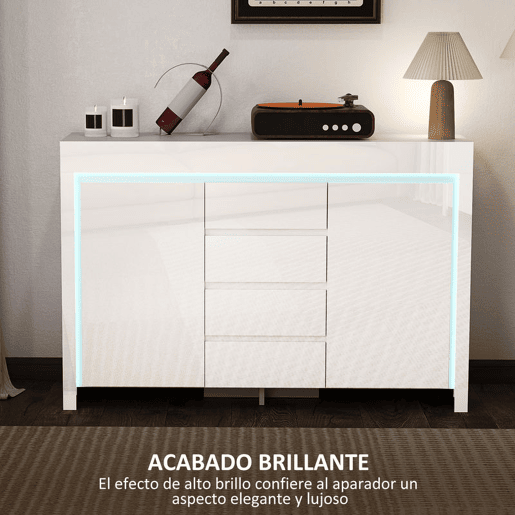 HOMCOM Aparador Sala de Estar Aparador com Luzes LED com 4 Gavetas Fechamento Suave Prateleiras Ajustáveis e Controlo Remoto Móvel Aparador Dormitório 120x34x80 cm Branco Brilhante