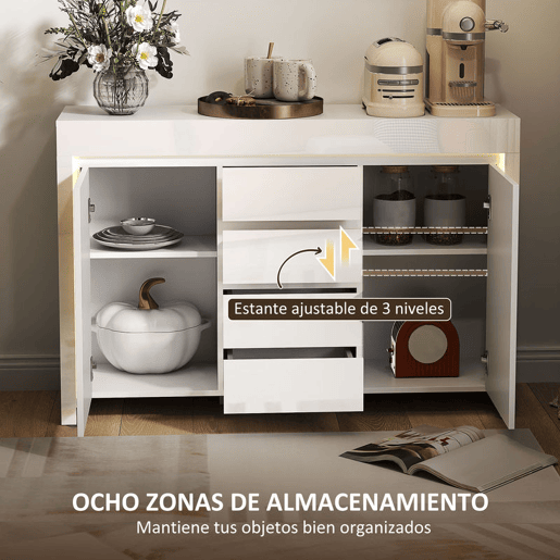 HOMCOM Aparador Sala de Estar Aparador com Luzes LED com 4 Gavetas Fechamento Suave Prateleiras Ajustáveis e Controlo Remoto Móvel Aparador Dormitório 120x34x80 cm Branco Brilhante