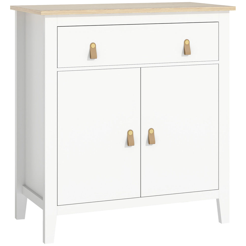 Homcom aparador de 2 puertas aparador de salón moderno con cajón estante ajustable y tiradores de pu mueble auxiliar para comedor pasillo 80x40x90 cm blanco y roble