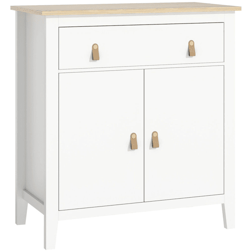 HOMCOM Aparador de 2 Portas Aparador Sala de Estar Moderno com Gaveta Prateleira Ajustável e Puxadores em PU Móvel Auxiliar para Sala de Jantar 80x40x90 cm Branco e Madeira
