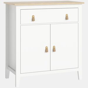 HOMCOM Aparador de 2 Portas Aparador Sala de Estar Moderno com Gaveta Prateleira Ajustável e Puxadores em PU Móvel Auxiliar para Sala de Jantar 80x40x90 cm Branco e Madeira
