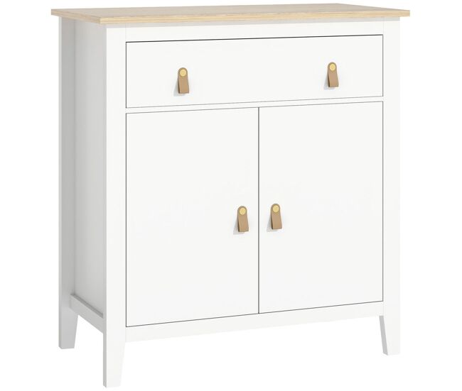 Homcom aparador de 2 puertas aparador de salón moderno con cajón estante ajustable y tiradores de pu mueble auxiliar para comedor pasillo 80x40x90 cm blanco y roble